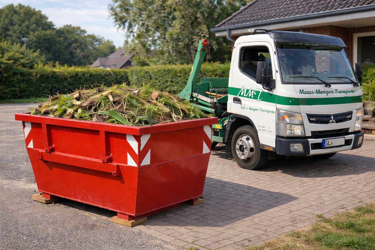 Roter Container auf einem Grundstück vor einem Haus
