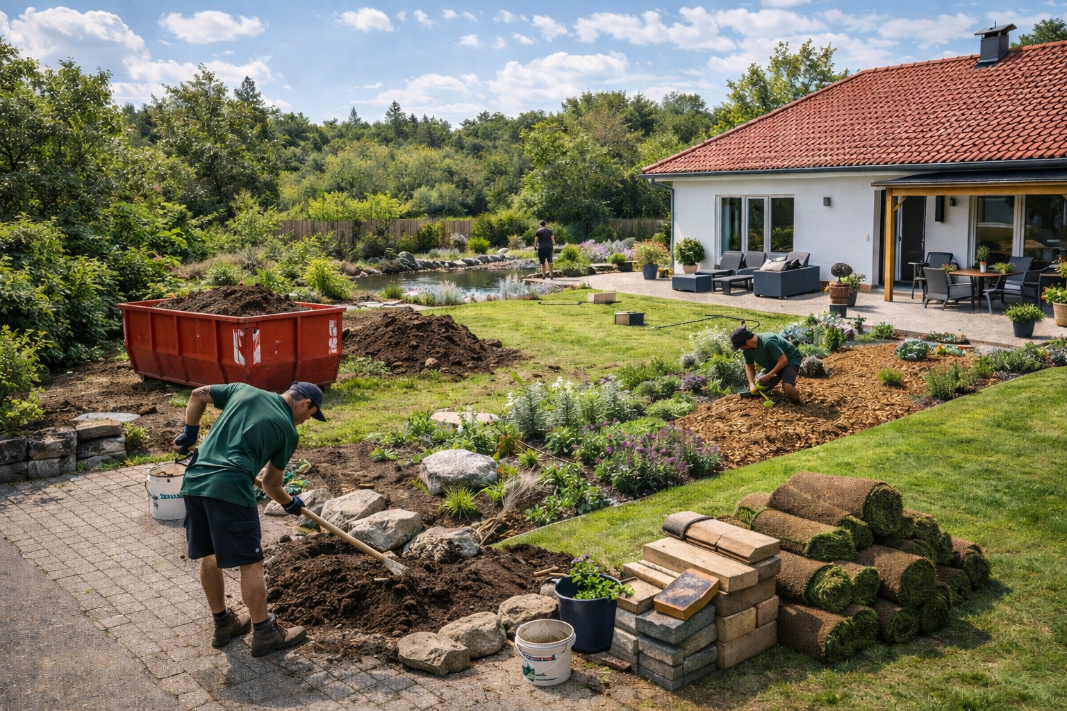 Großes Gartenprojekt mit Container, Minibagger und Gartenarbeiten