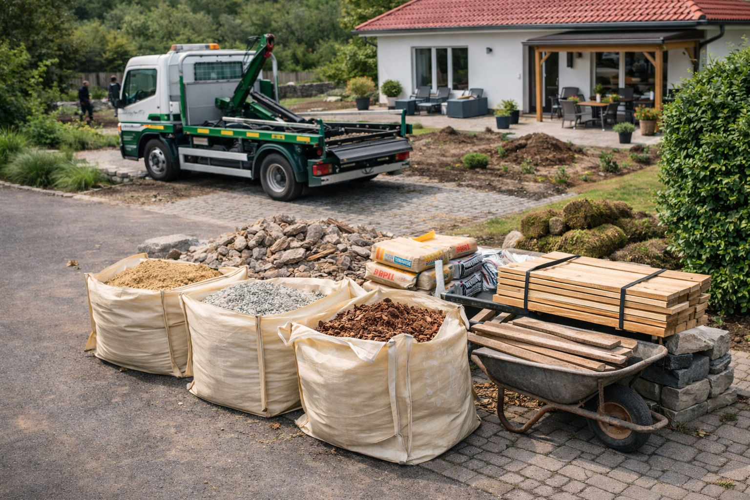 Materialien und Baustoffe für eine Lieferung auf einem Grundstück